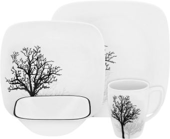 Square 16-Piece Seasonal Black Tree Glass Dinnerware Set (Serves 4)